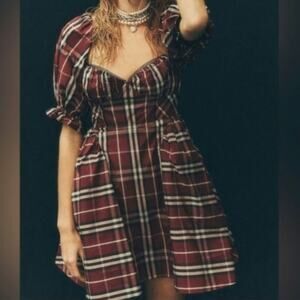 Anthropologie Maeve Red Tartan Plaid Puff Sleeve Mini Dress Women's Size L